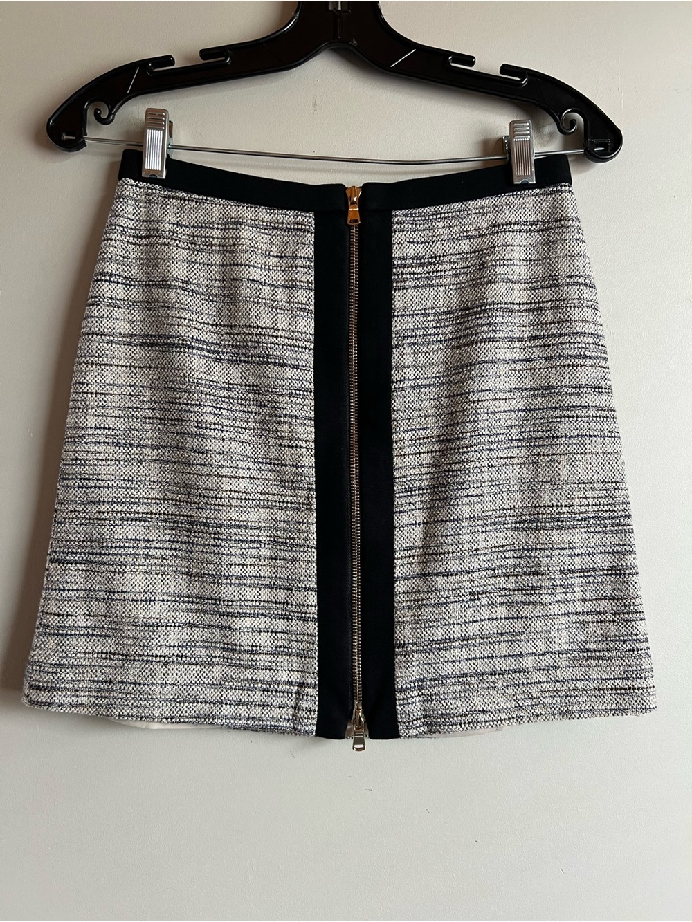 Ann Taylor Petite Tweed Mini Skirt Black Cream Textured High Waist Gold Zip 0P